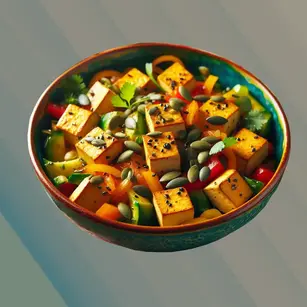 Gesundes Tofu-Mangold-Wokgericht mit Kürbiskernen, nahrhaft und voller Geschmack.